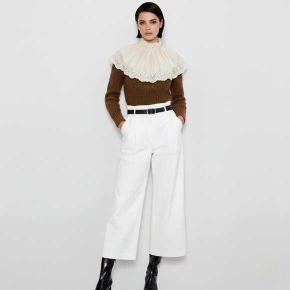 ZARA Brown Knit Sweater with Cream Embroidered Lace Collar – Size S - Picture 2 of 15